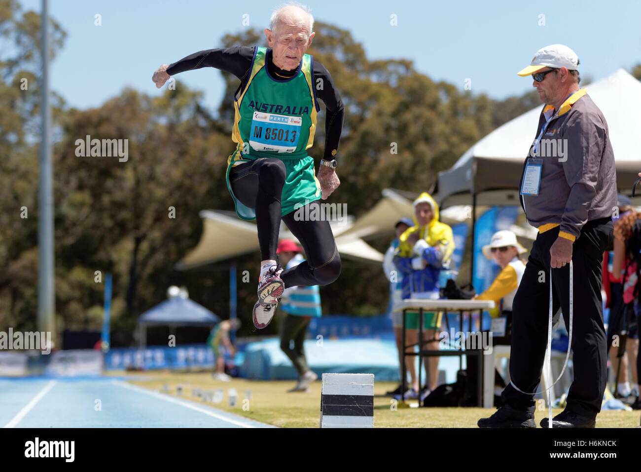 Perth, Australia. 31st Oct, 2016. PERTH, AUSTRALIA. October 31, 2016. Derry Foley of Australia competes in the long jump event for the mens 85-89 year category at the World Masters Athletic Championships. Credit:  Trevor Collens/Alamy Live News Stock Photo