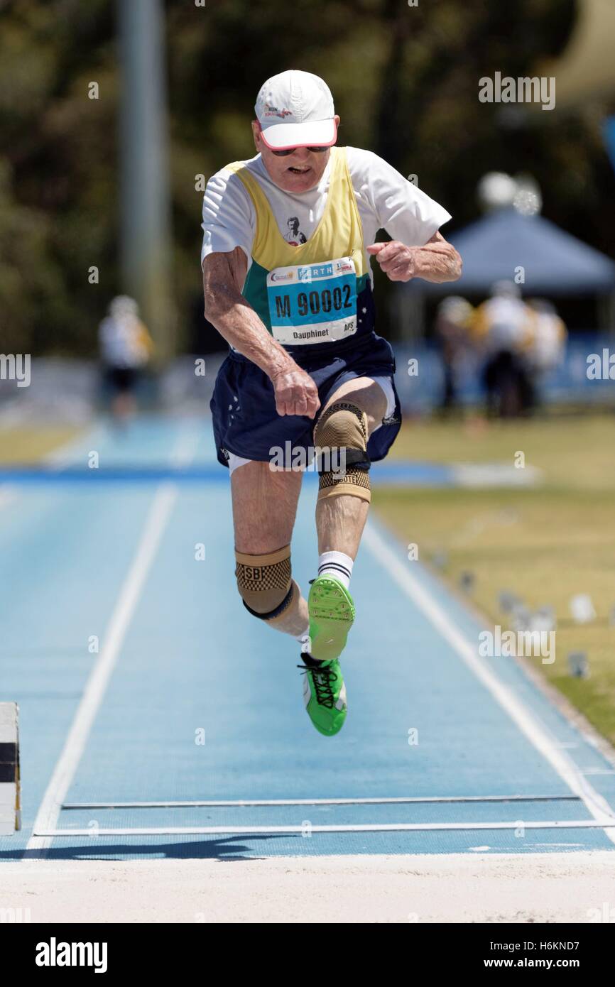 Perth, Australia. 31st Oct, 2016. PERTH, AUSTRALIA. October 31, 2016. Maurice Dauphinet of Australia competes in the long jump event for the mens 85-89 year category at the World Masters Athletic Championships. Credit:  Trevor Collens/Alamy Live News Stock Photo