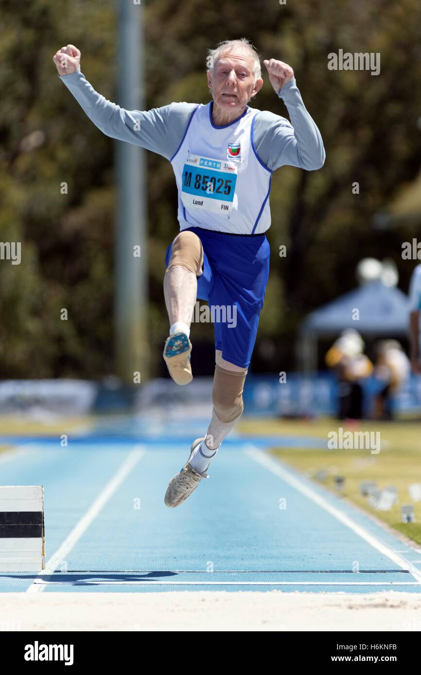 Perth, Australia. 31st Oct, 2016. PERTH, AUSTRALIA. October 31, 2016. Ake Lund of Finland competes in the long jump event for the mens 85-89 year category at the World Masters Athletic Championships. Credit:  Trevor Collens/Alamy Live News Stock Photo