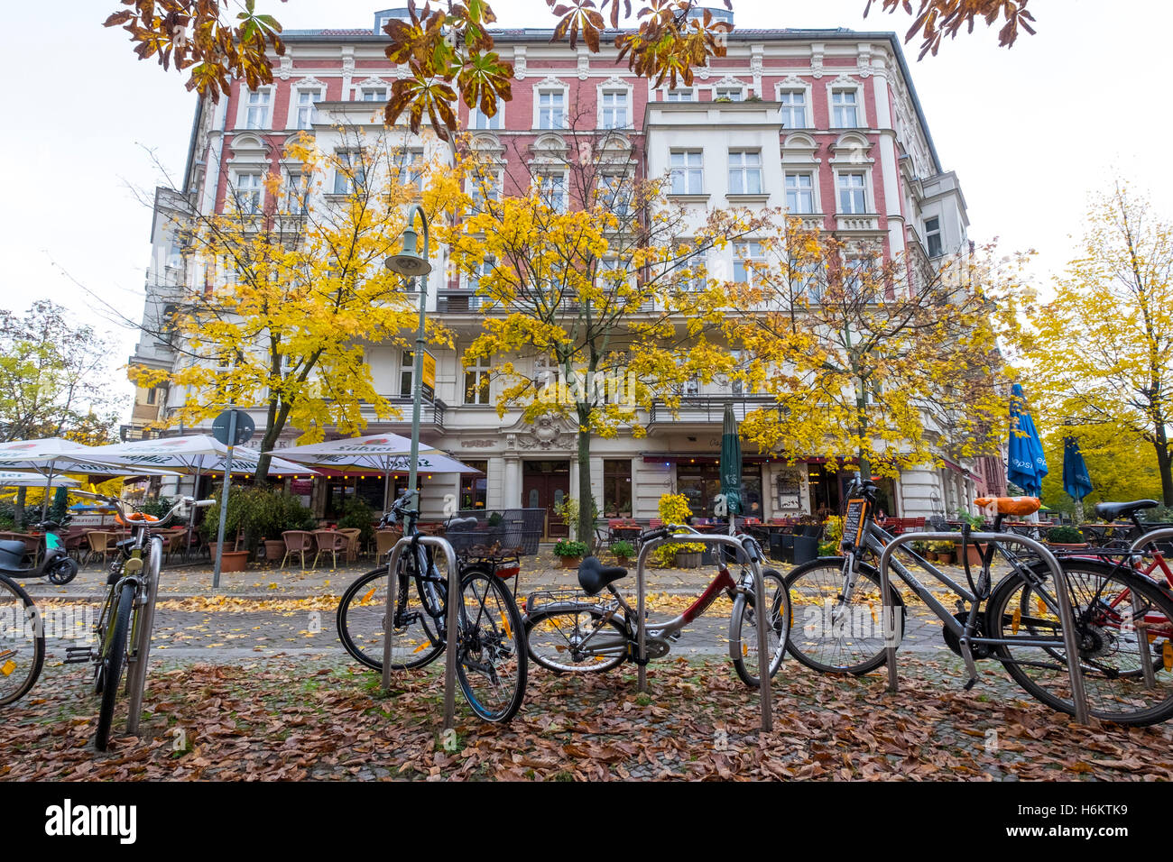Bicycles parked at Rykestrasse in bohemian Prenzlauer Berg in Berlin Germany Stock Photo