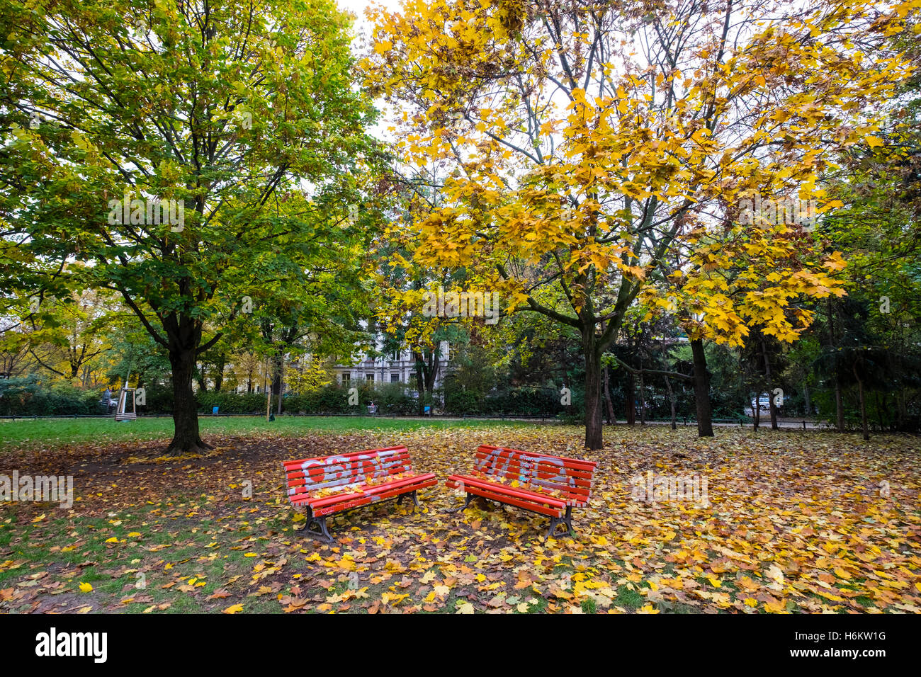 Park during autumn at Kollwitzplatz in Prenzlauer Berg in Berlin Germany Stock Photo
