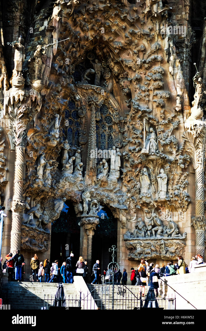 The grand entrance to the Sagrada Familia church, Barcelona, Spain Stock Photo
