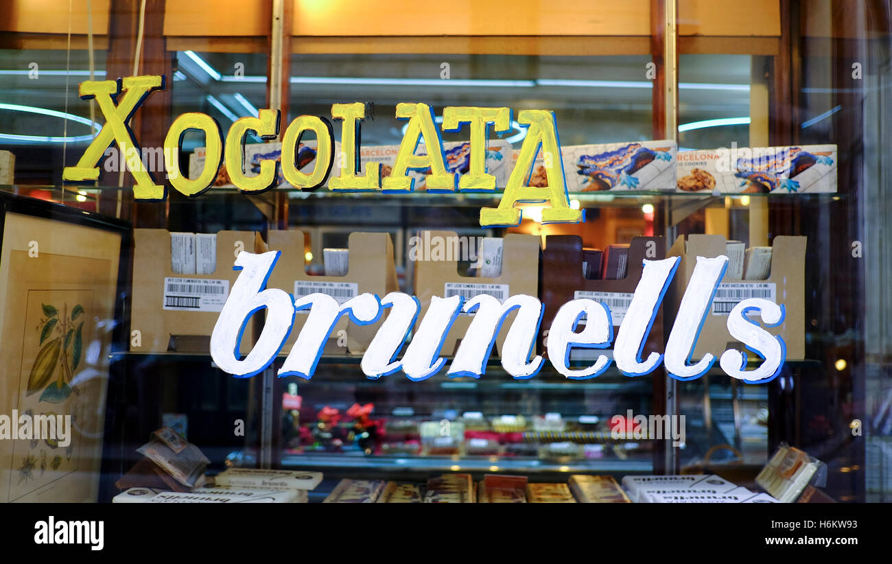 Shop window selling chocolate, Barcelona, Spain Stock Photo
