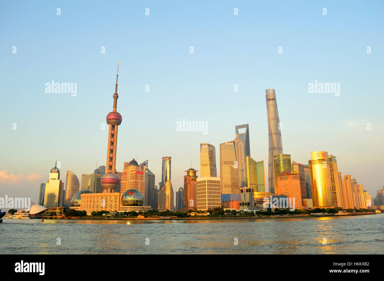 Shanghai, China, 2015. Shanghai Pudong district skyline during the sunset viewed from the Bund. Stock Photo