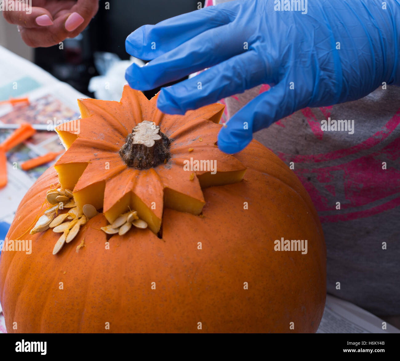 Pumpkin caring- the top comes off Stock Photo