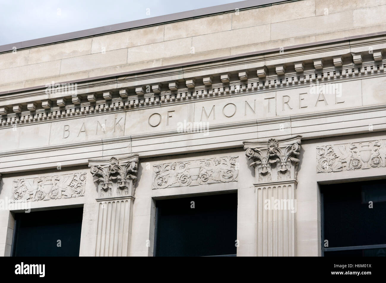 Closeup of a  Bank of Montreal building in downtown Montreal, Quebec, Canada Stock Photo