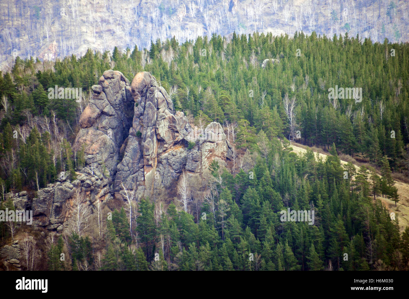 Rock outcrop in Stolby Nature Sanctuary, Krasnoyarsk, Siberia, Russia Stock Photo