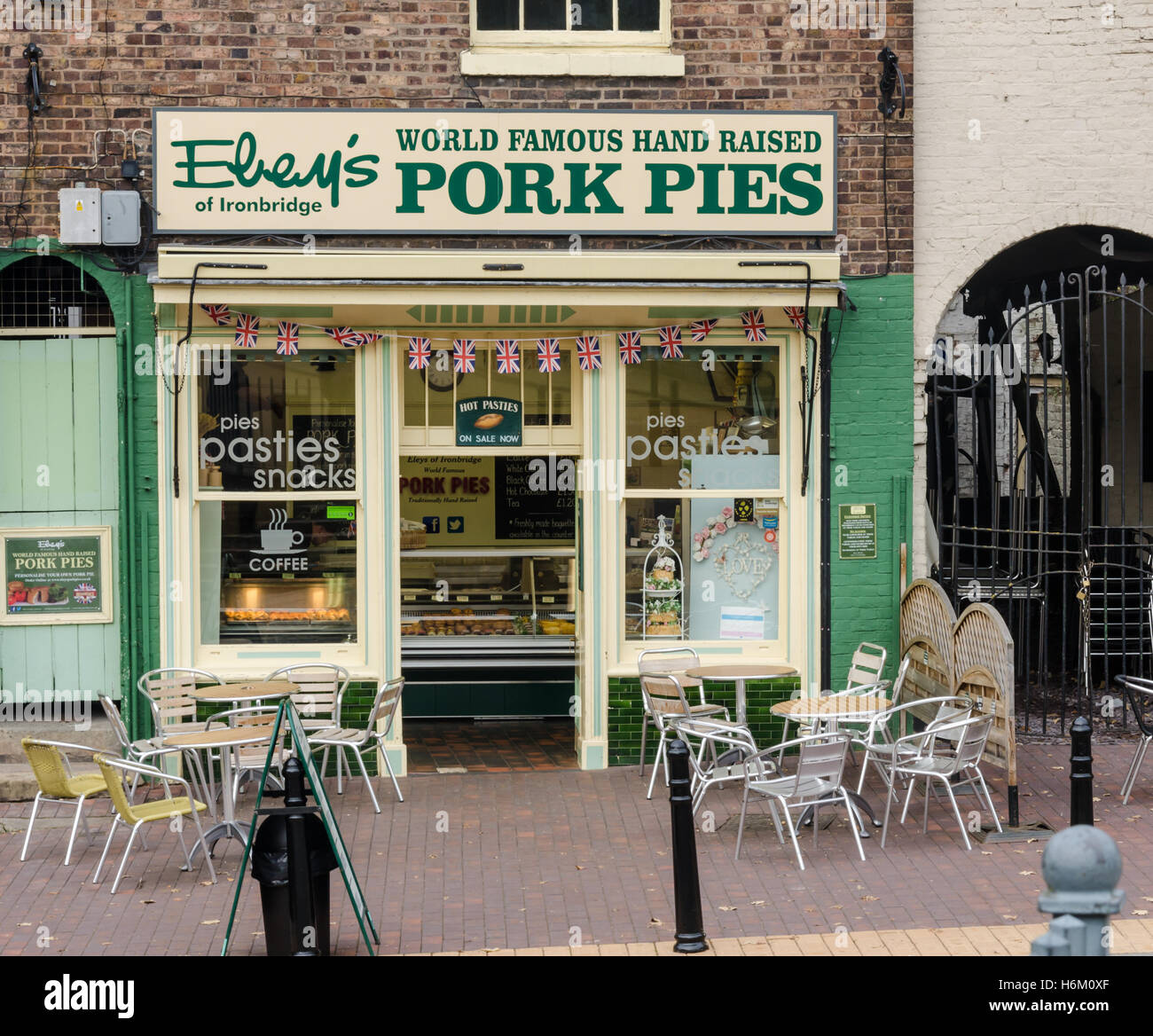 Ebeys Pork pie shop in Ironbridge, Shropshire, UK. Stock Photo