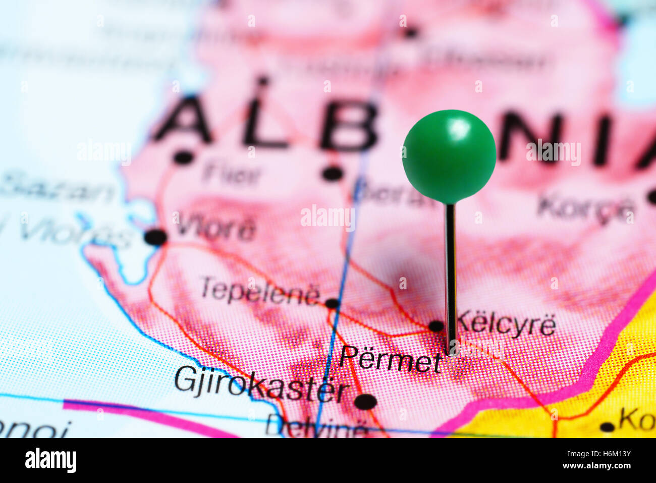 Permet pinned on a map of Albania Stock Photo