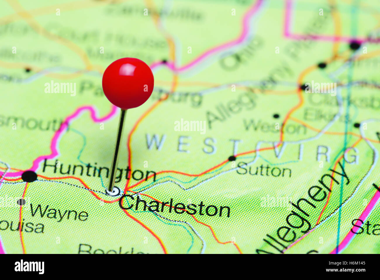 Charleston pinned on a map of West Virginia, USA Stock Photo
