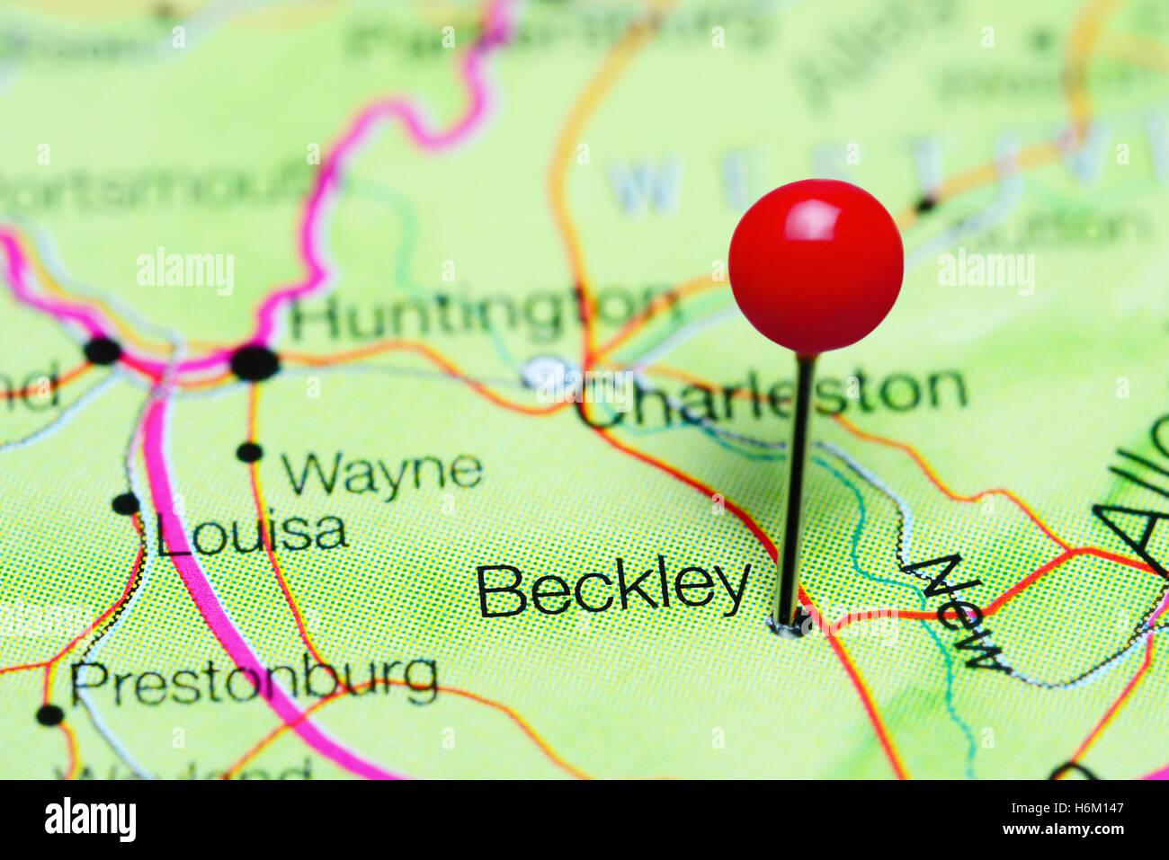 Beckley pinned on a map of West Virginia, USA Stock Photo