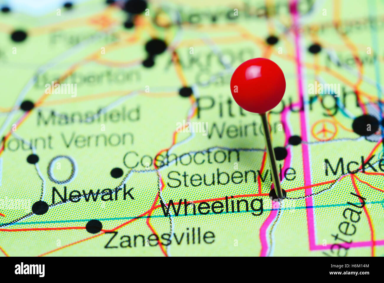 Wheeling pinned on a map of West Virginia, USA Stock Photo