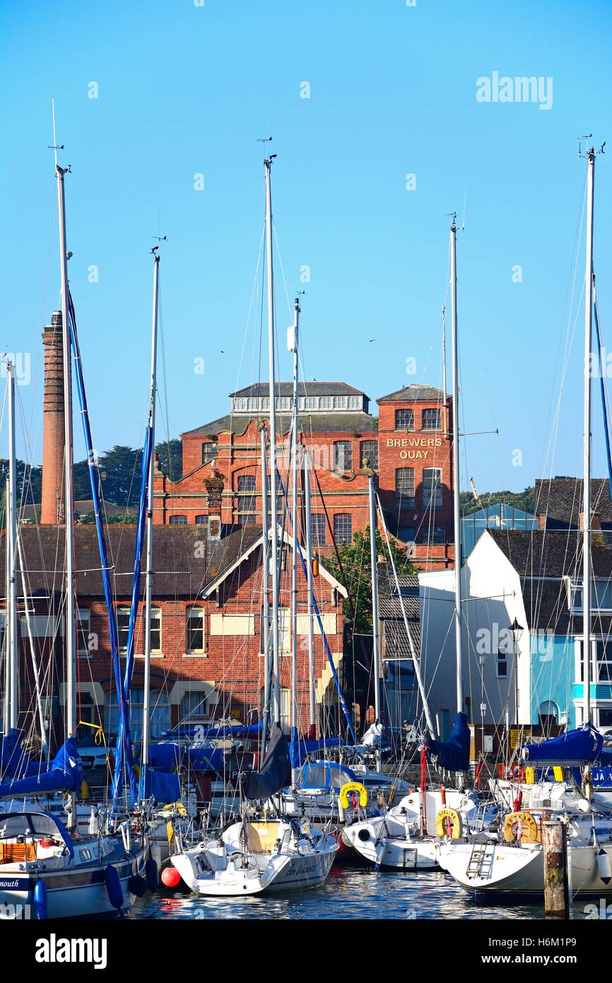 Yachts in the harbour with Brewers Quay buildings to the rear, Weymouth, Dorset, England, UK, Western Europe. Stock Photo