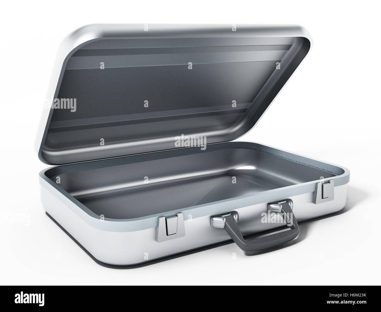 Open metal briefcase isolated on white background. 3D illustration