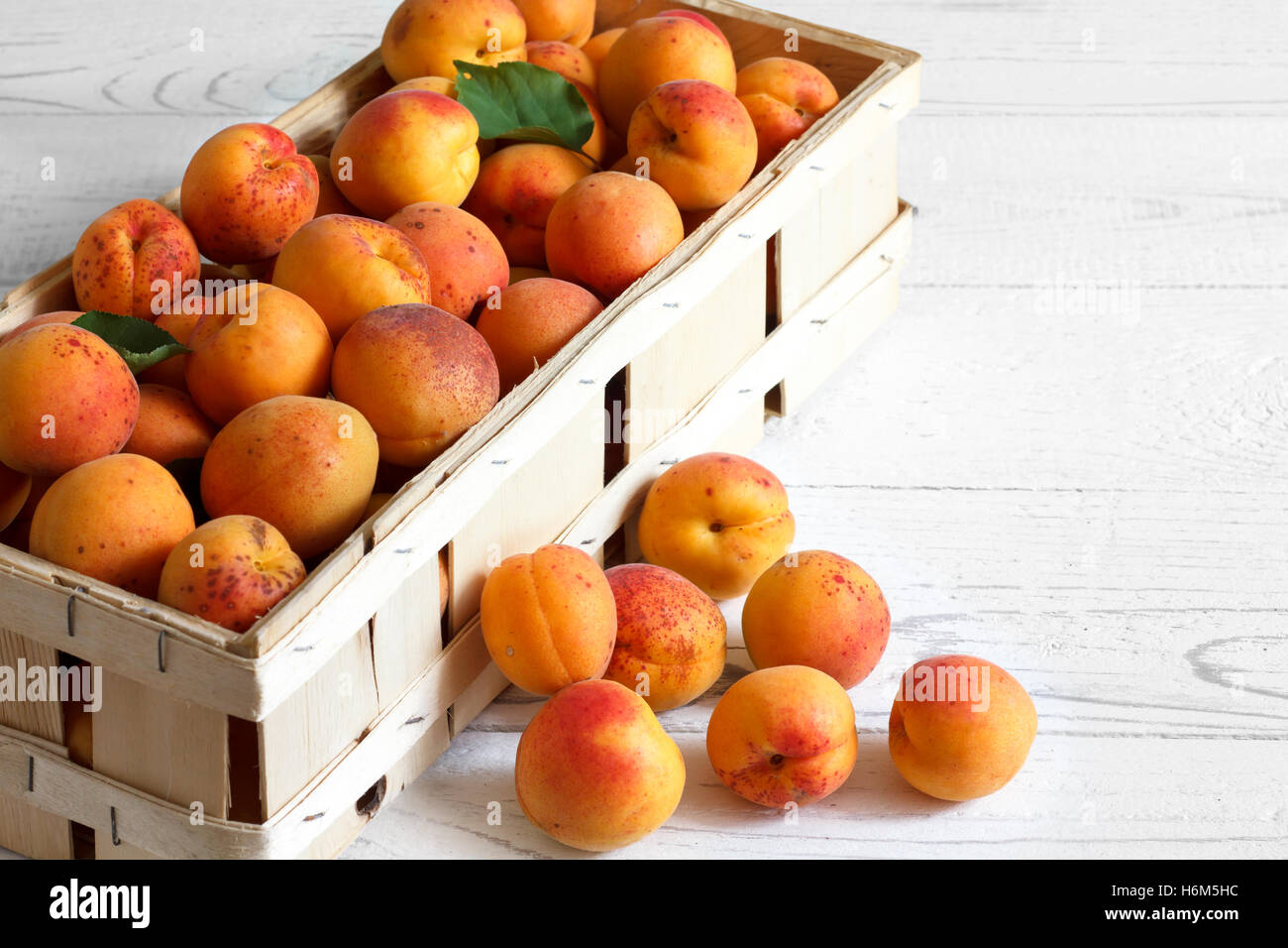 Wood box of whole orange apricots with red blush on rustic white wood ...