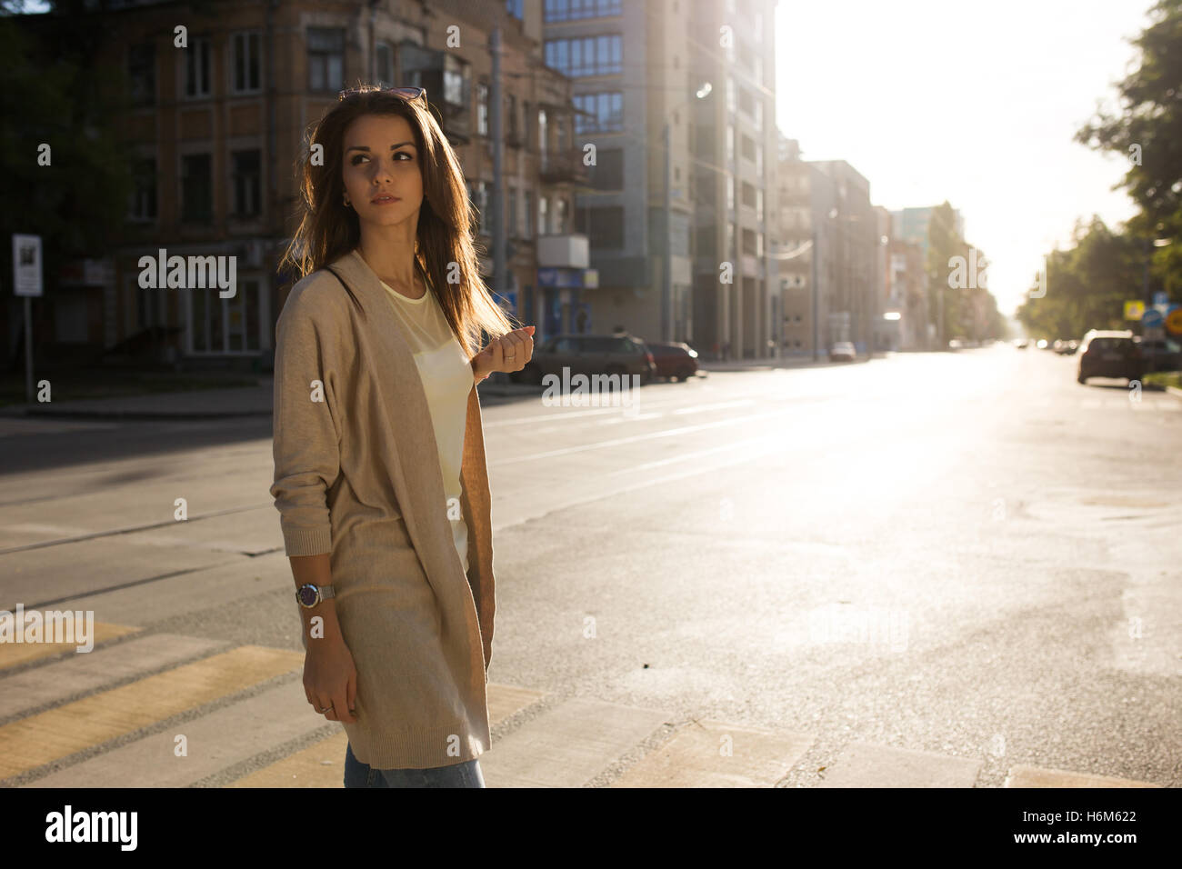 Portrait of beauty woman walking on the street Stock Photo