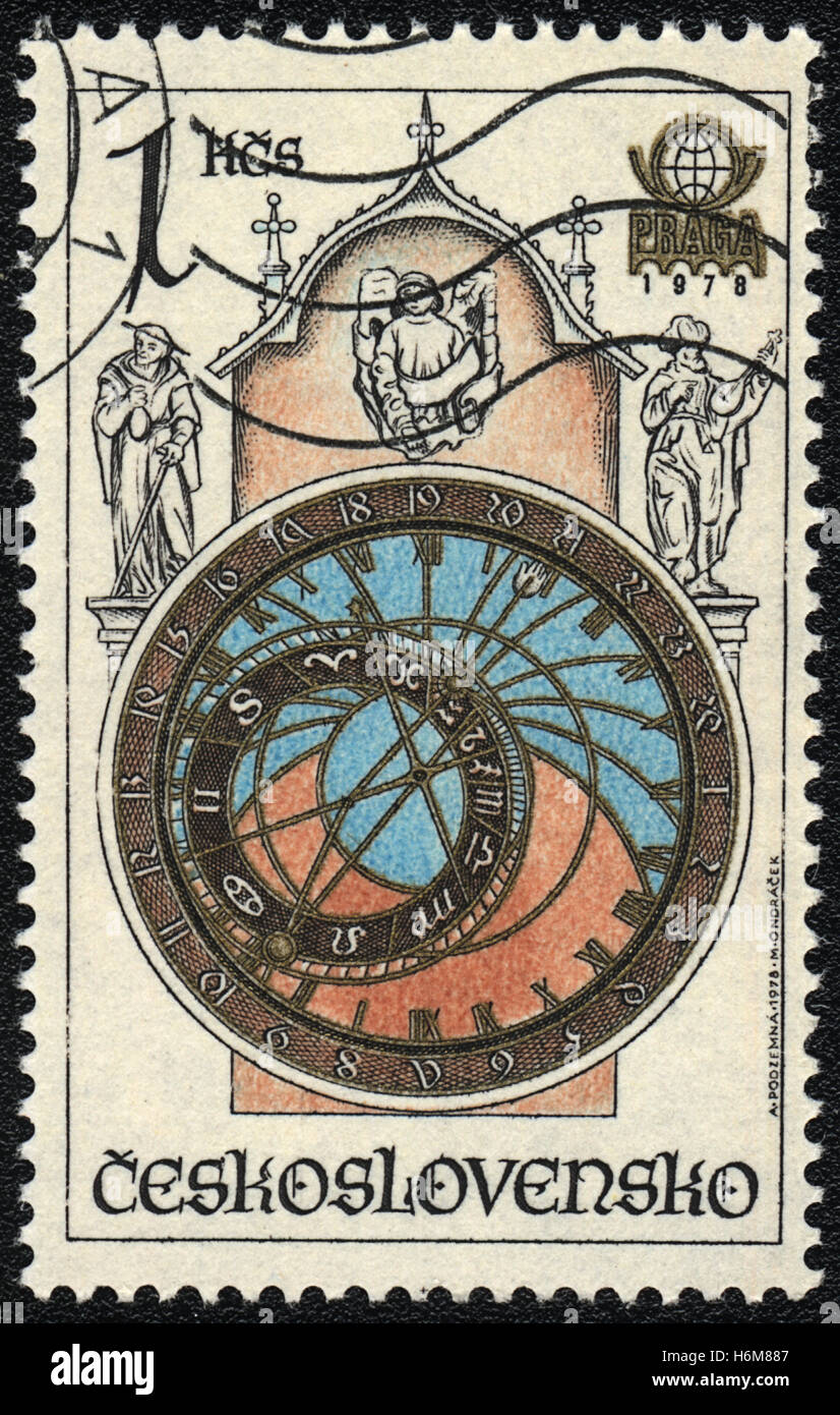 A postage stamp printed in Czechoslovakia  shows Old Town Hall Tower & Astrological Clock, circa 1978 Stock Photo