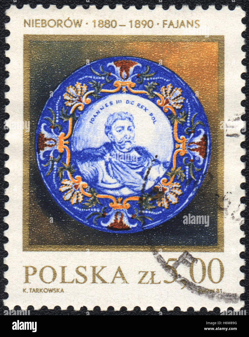 A postage stamp printed in Poland, shows Faience plate with portrait of King Jan III Sobieski,1880, (Neborow) , 1981 Stock Photo