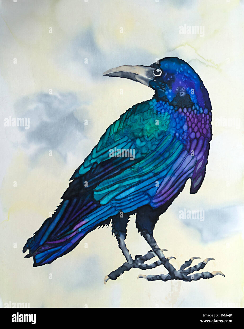 Photograph of silk painting of a rook bird against graded background using steam fixed dyes by Paula Chapman. Stock Photo