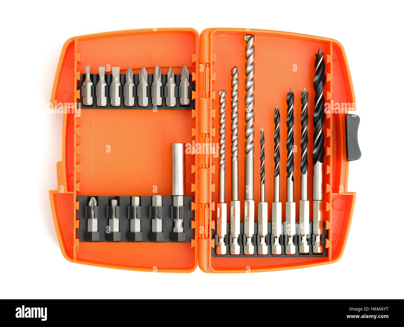 Drill bit set in box isolated on white background Stock Photo Alamy