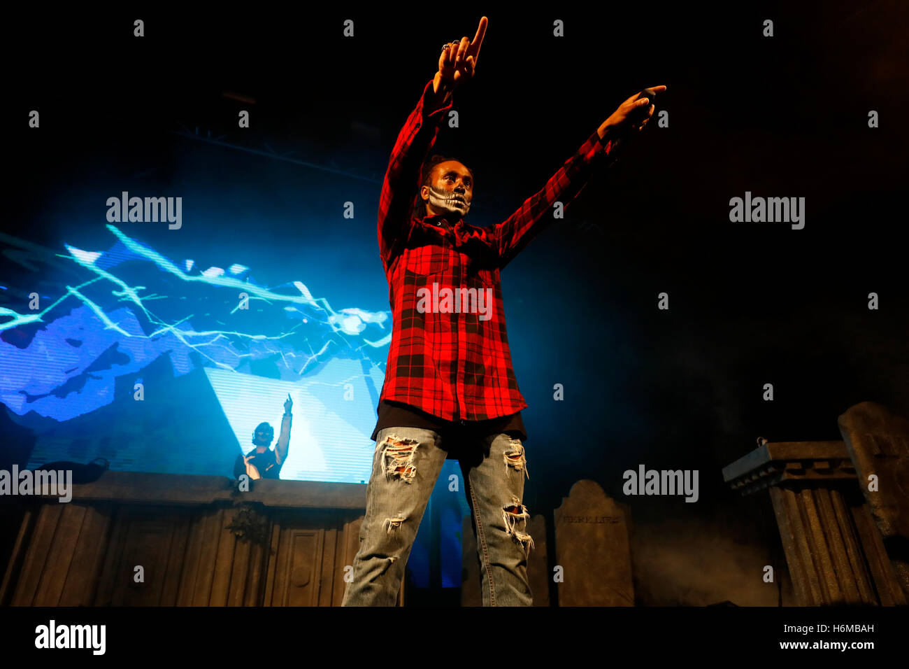 MC Justyce of Sigma performing on stage during Capital FM's Monster Mash Up with Vodafone held at Manchester Academy at University of Manchester Students Union, Manchester. Capital's Monster Mash-Up with Vodafone took place at the Manchester Academy tonight. The Halloween gig featured sets from some of the hottest artists, DJs and producers including Sigma, Bon Sinclar, Kungs, Sigala and Craig David's TS5, with DJ sets from Capital's Marvin Humes and Vodafone Future Breaker Culture Code. PRESS ASSOCIATION Photo. Picture date: Sunday 30 October 2016. Photo credit should read: Martin Rickett/PA Stock Photo