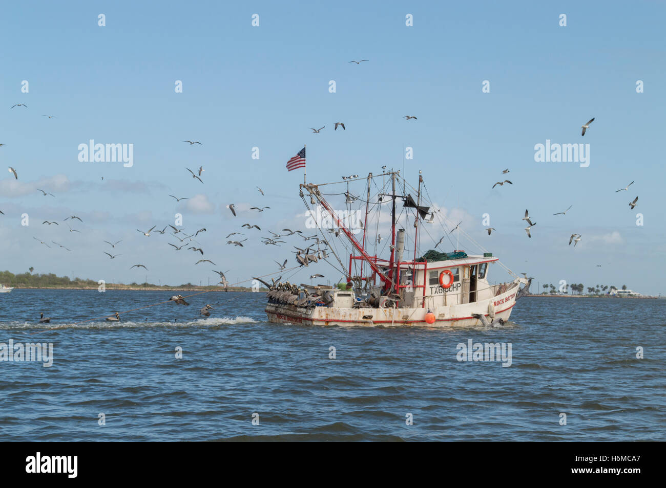 Shrimp boat on Galveston Bay Stock Photo