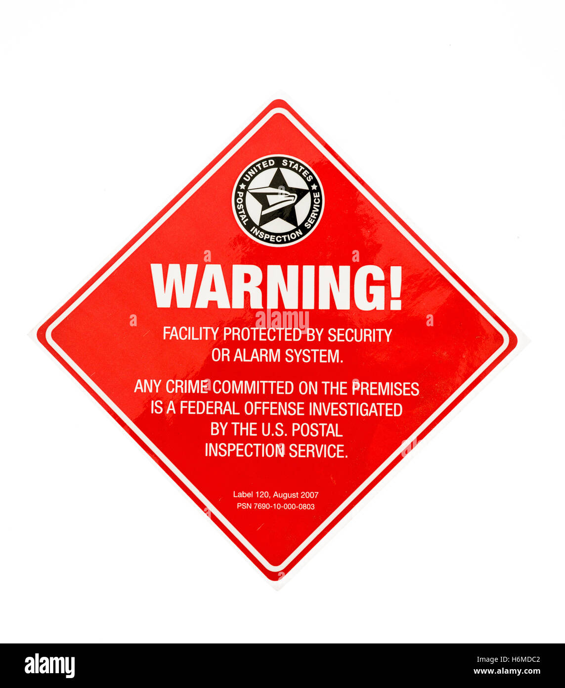 Winneconne, WI - 19 October 2016:  United States Postal Inspection Service warning sticker on an isolated background. Stock Photo