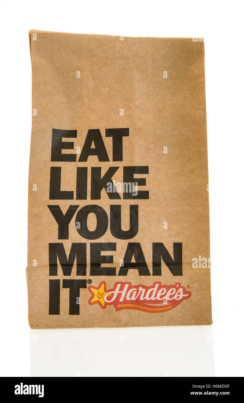 Winneconne, WI - 29 October 2016:  Hardee's  paper bag of on an isolated background. Stock Photo