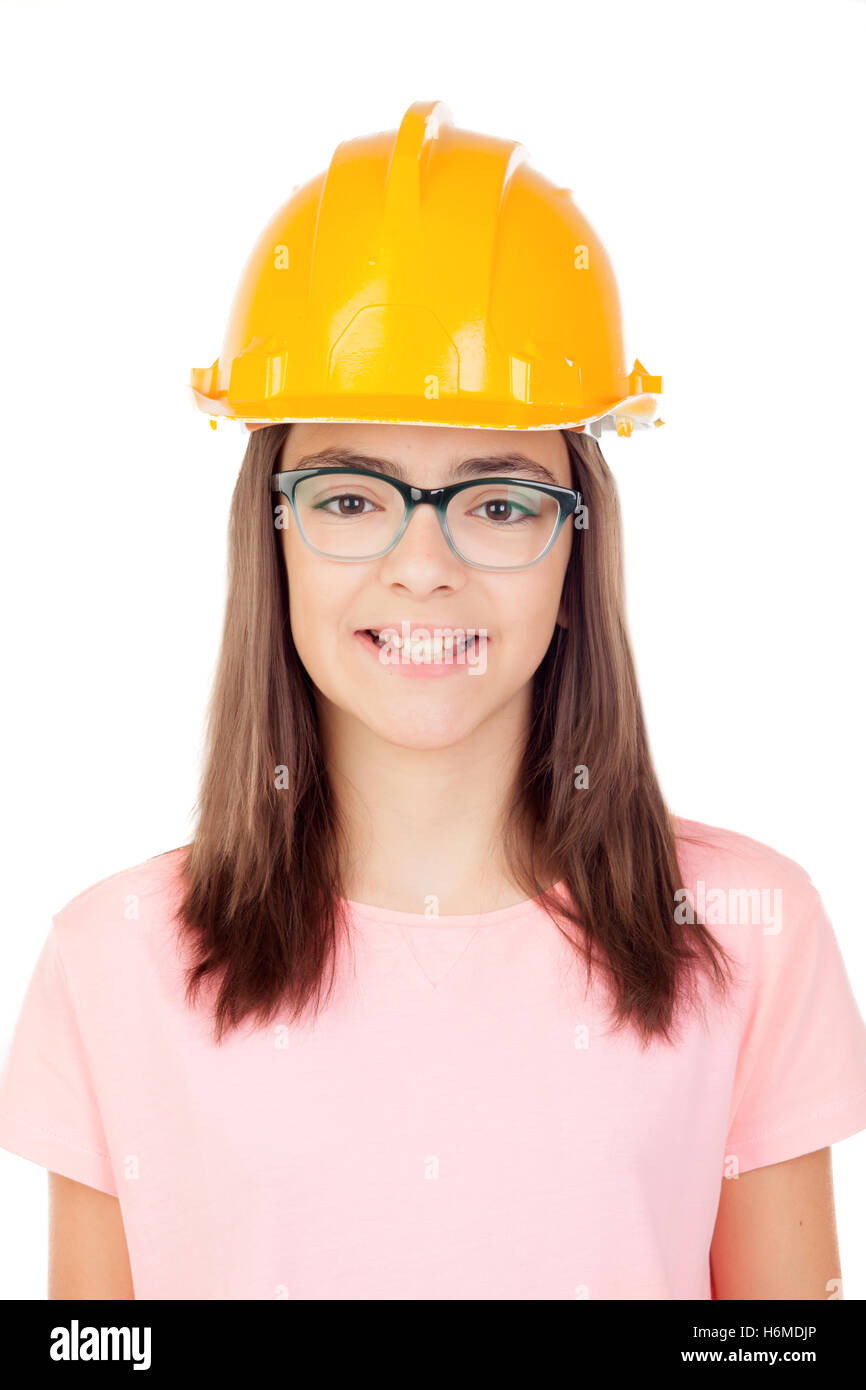 Preteen with construction helmet isolated on white background Stock Photo