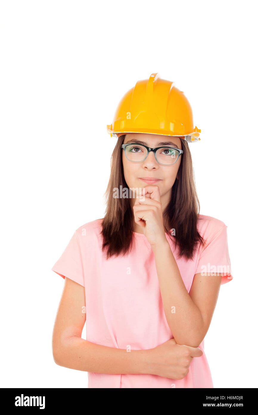 Preteen with construction helmet isolated on white background Stock Photo
