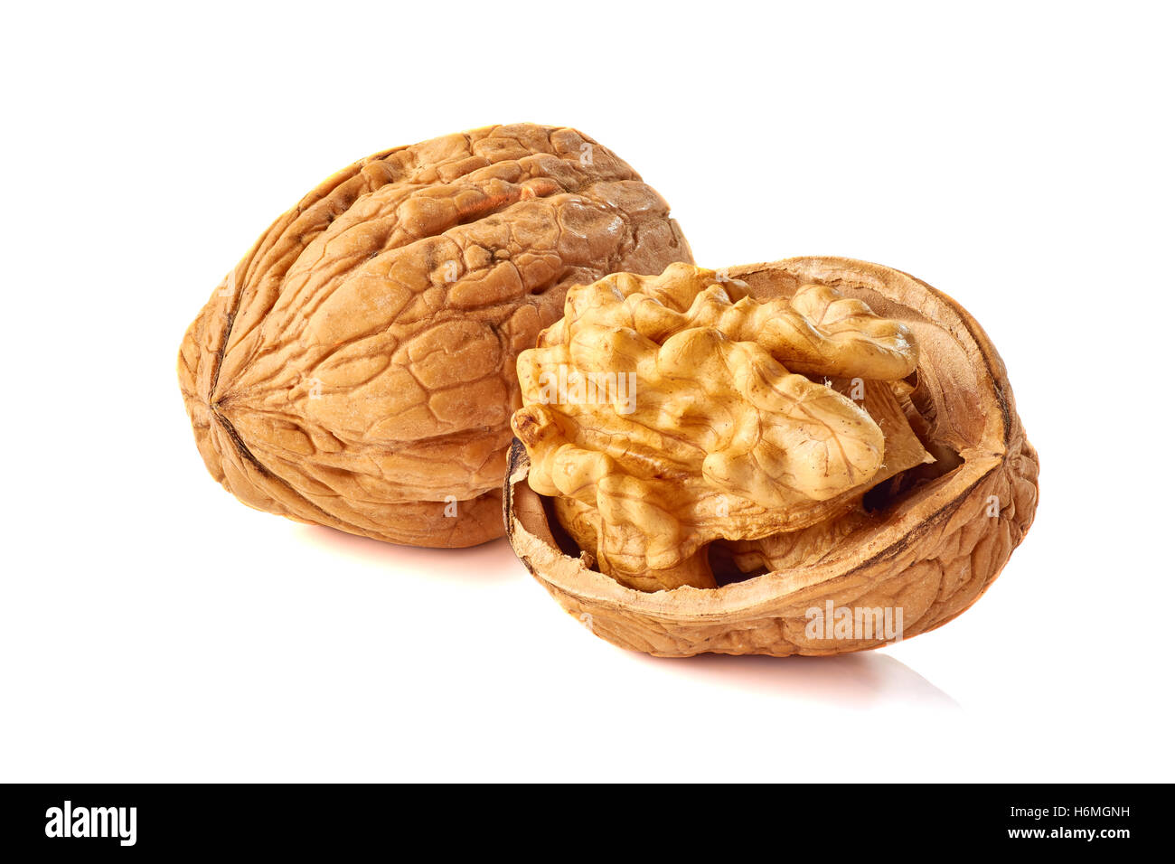 Kernel and whole walnut on white Stock Photo