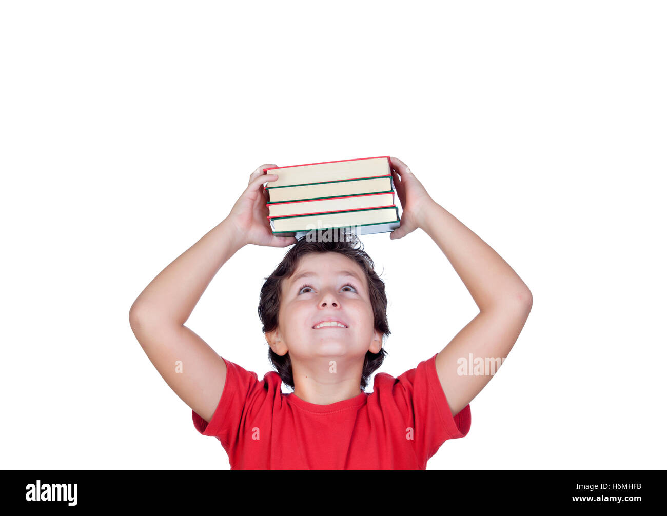 Happy student child with books on the head isolated on a white ...