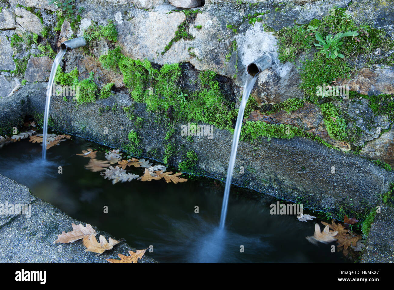Pipes clean water pouring from a natural source Stock Photo Alamy