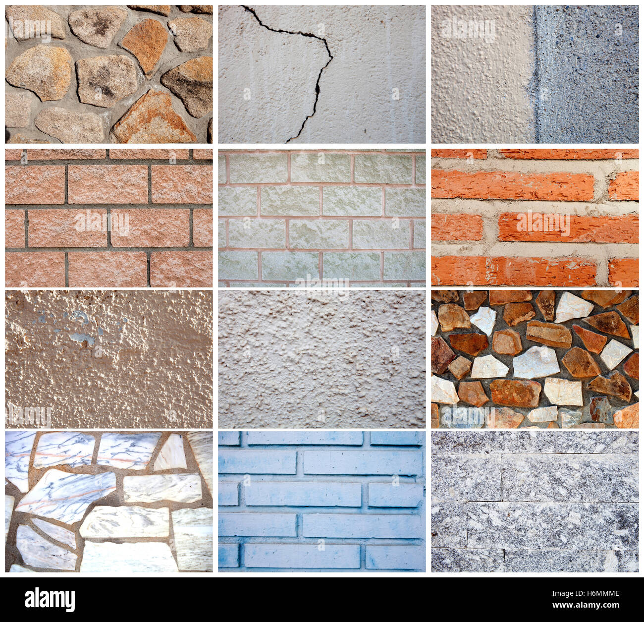 Twelve different types of textures for wall construction Stock Photo
