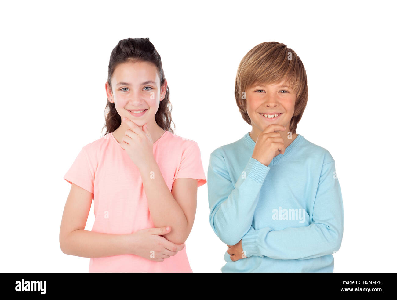 Couple of teenagers thinking isolated on a white background Stock Photo