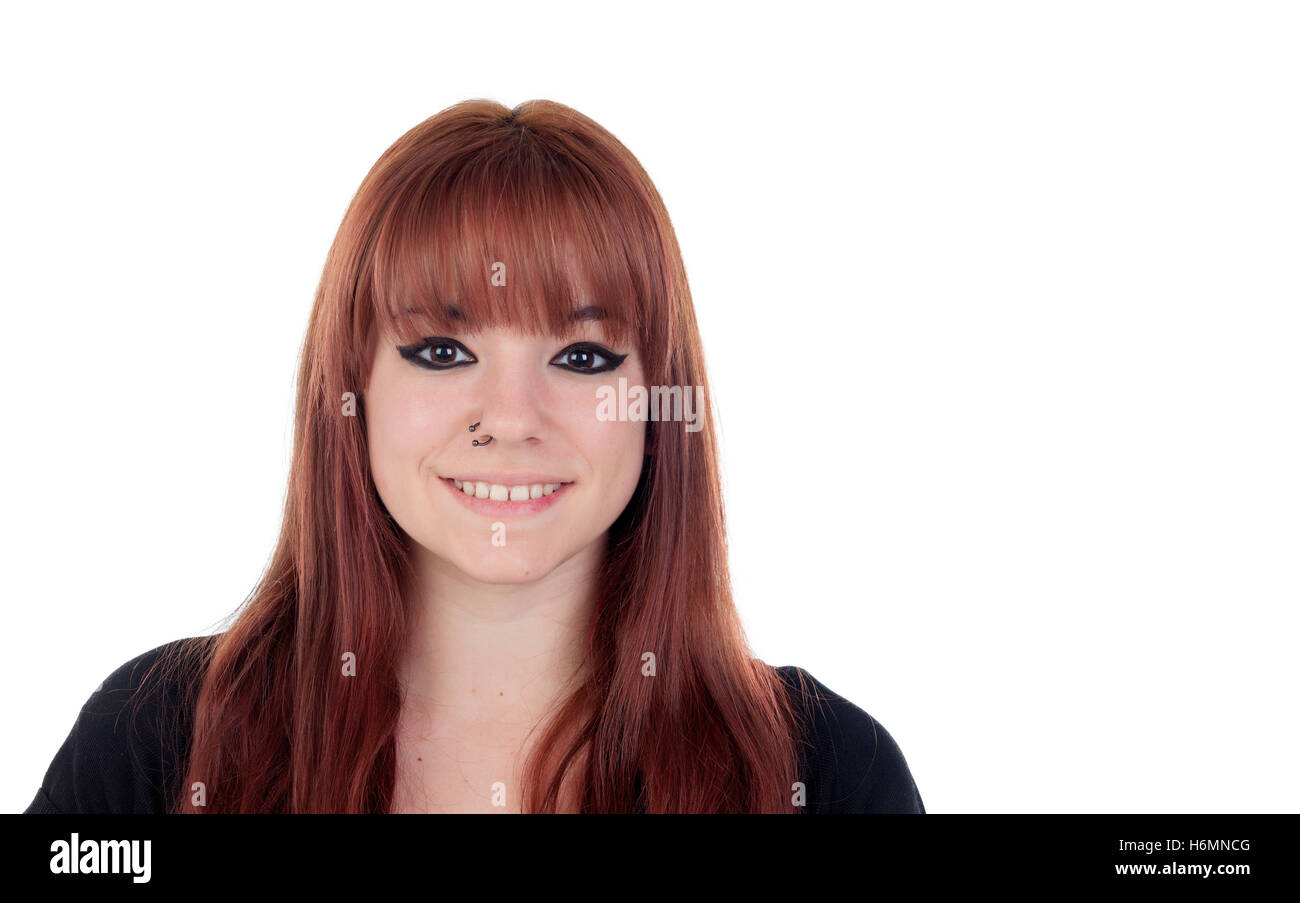 Teenage girl dressed in black with a piercing isolated on white background Stock Photo