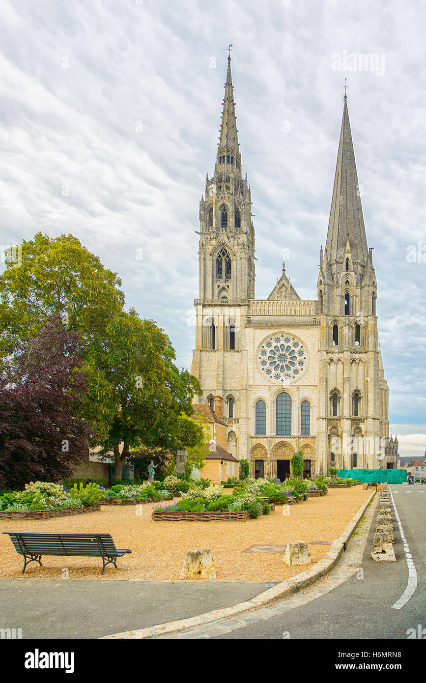 Chartres Notre Dame cathedral medieval gothic church landmark front view, France Stock Photo