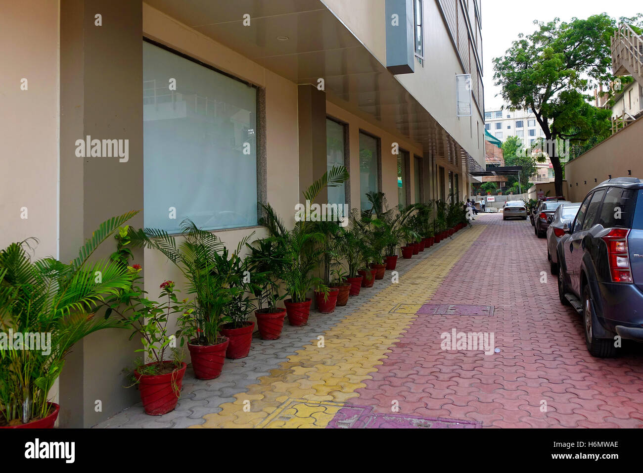 prespactive view of  Hotel corridor and parking in which plant pots arranged in row for decoration Stock Photo