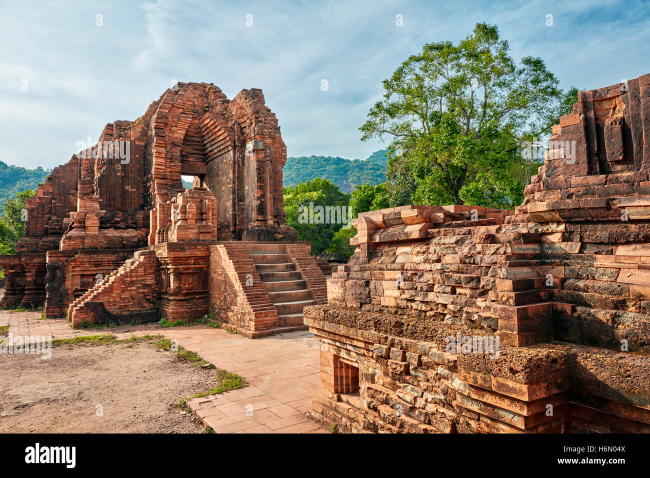 Ancient temple ruins of Group G. My Son Sanctuary, Quang Nam Province, Vietnam. Stock Photo