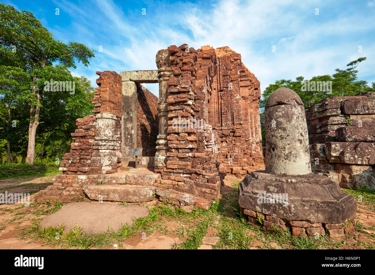 Shiva lingam at the ruined temple in Group D. My Son Sanctuary, Quang Nam Province, Vietnam. Stock Photo