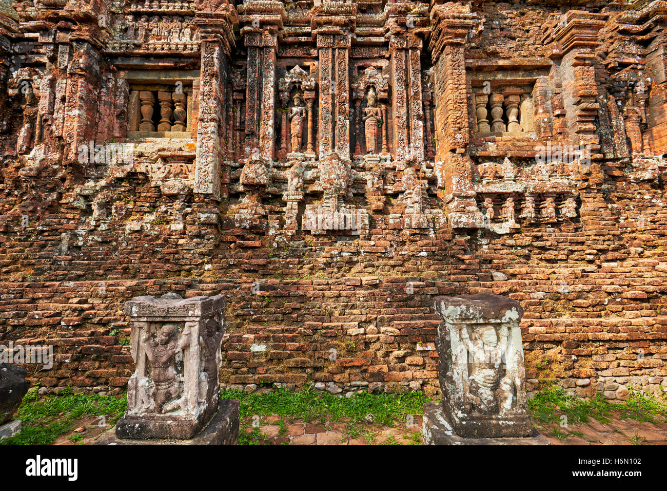 Bas-relief on a temple in Group D. My Son Sanctuary, Quang Nam Province, Vietnam. Stock Photo