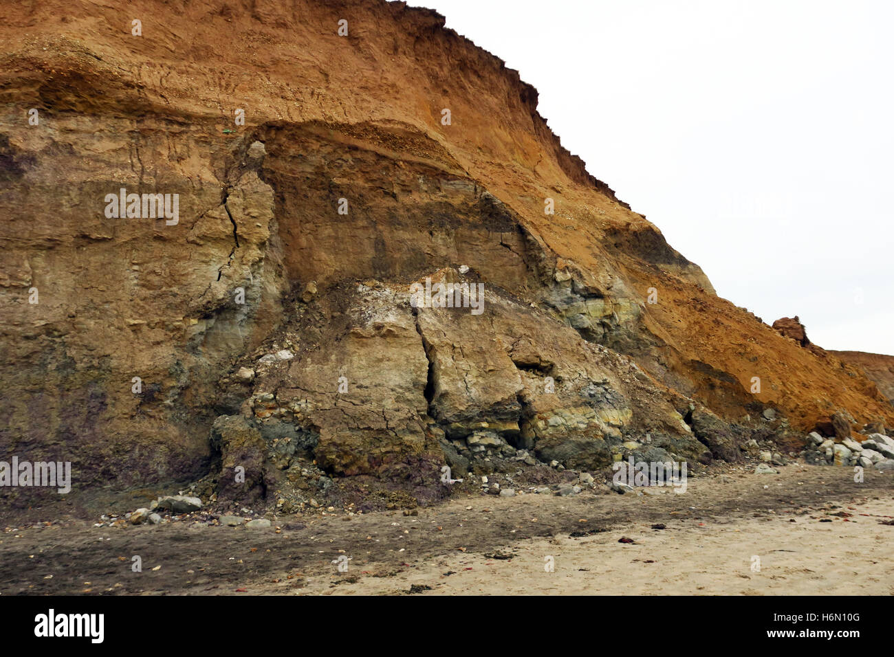 Sandstone cliff collapsing at Hanover Point, Isle of Wight revealing