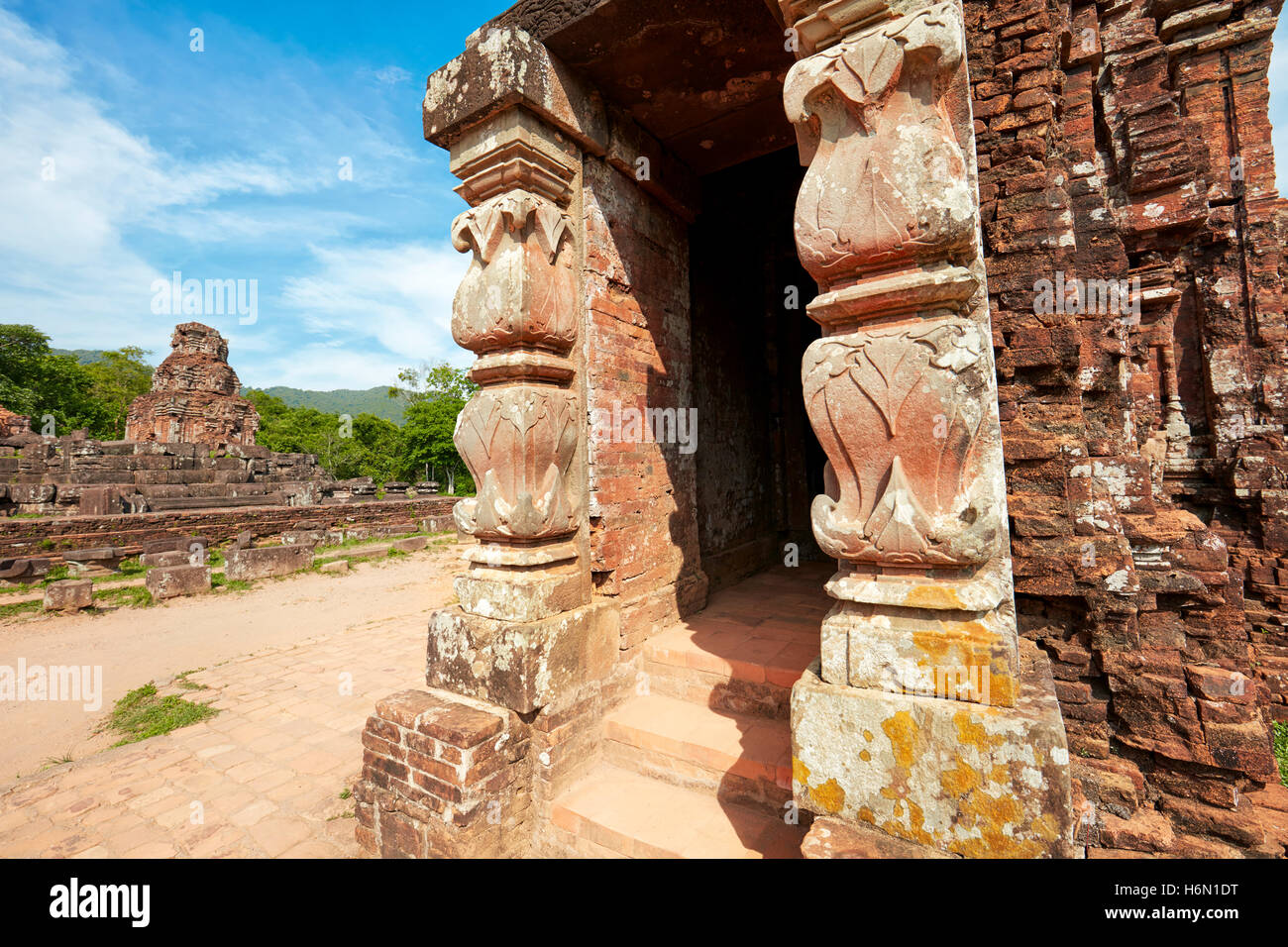 Carved stone pillars of a Kalan (sanctuary tower) in Group C. My Son Sanctuary, Quang Nam Province, Vietnam. Stock Photo