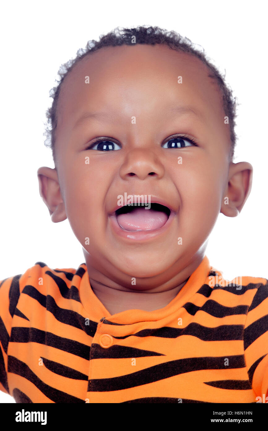 Funny african baby smiling isolated on a white background Stock Photo