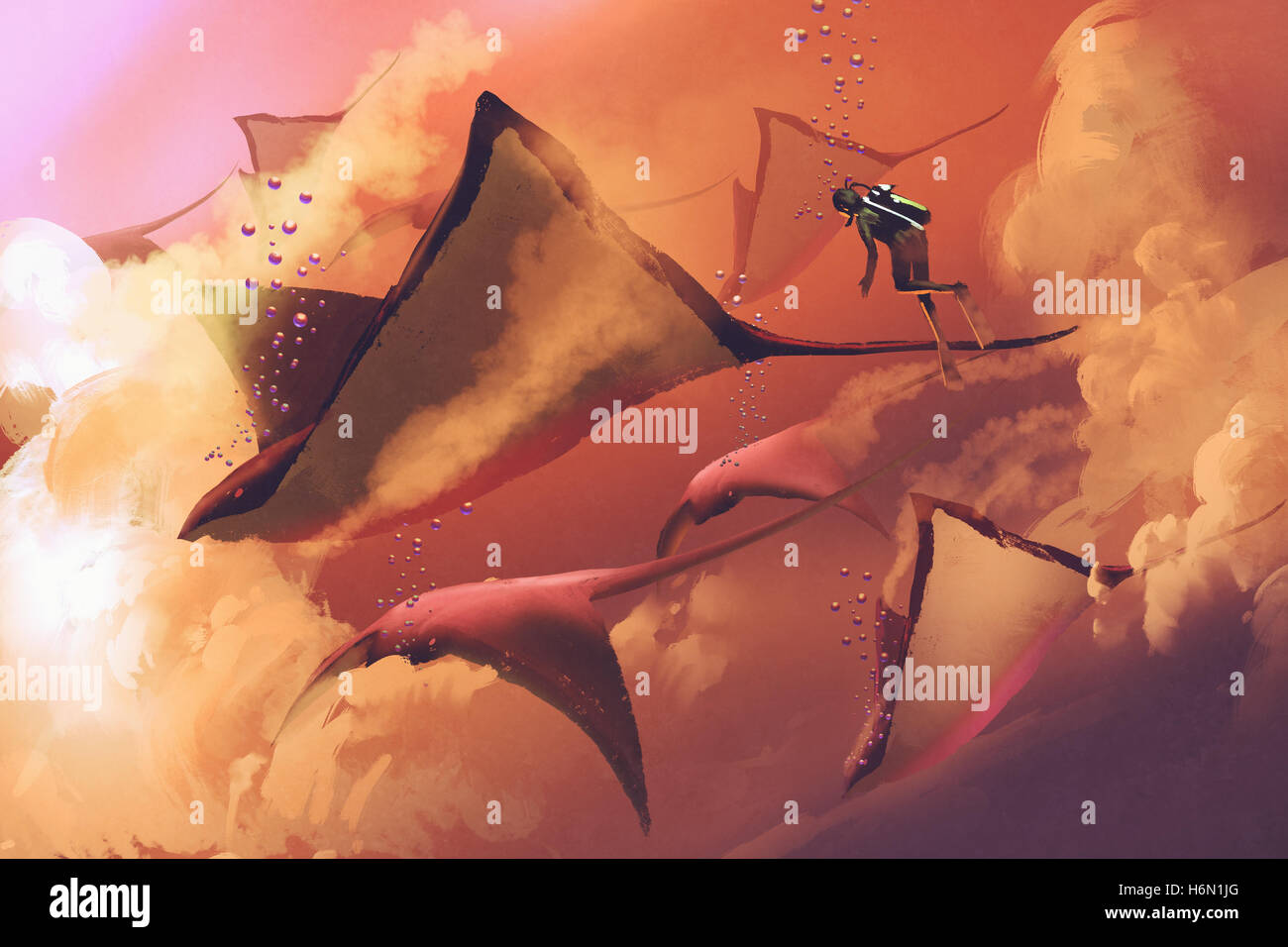 surreal world concept showing diver and manta rays flying in the cloudy sky,illustration painting Stock Photo