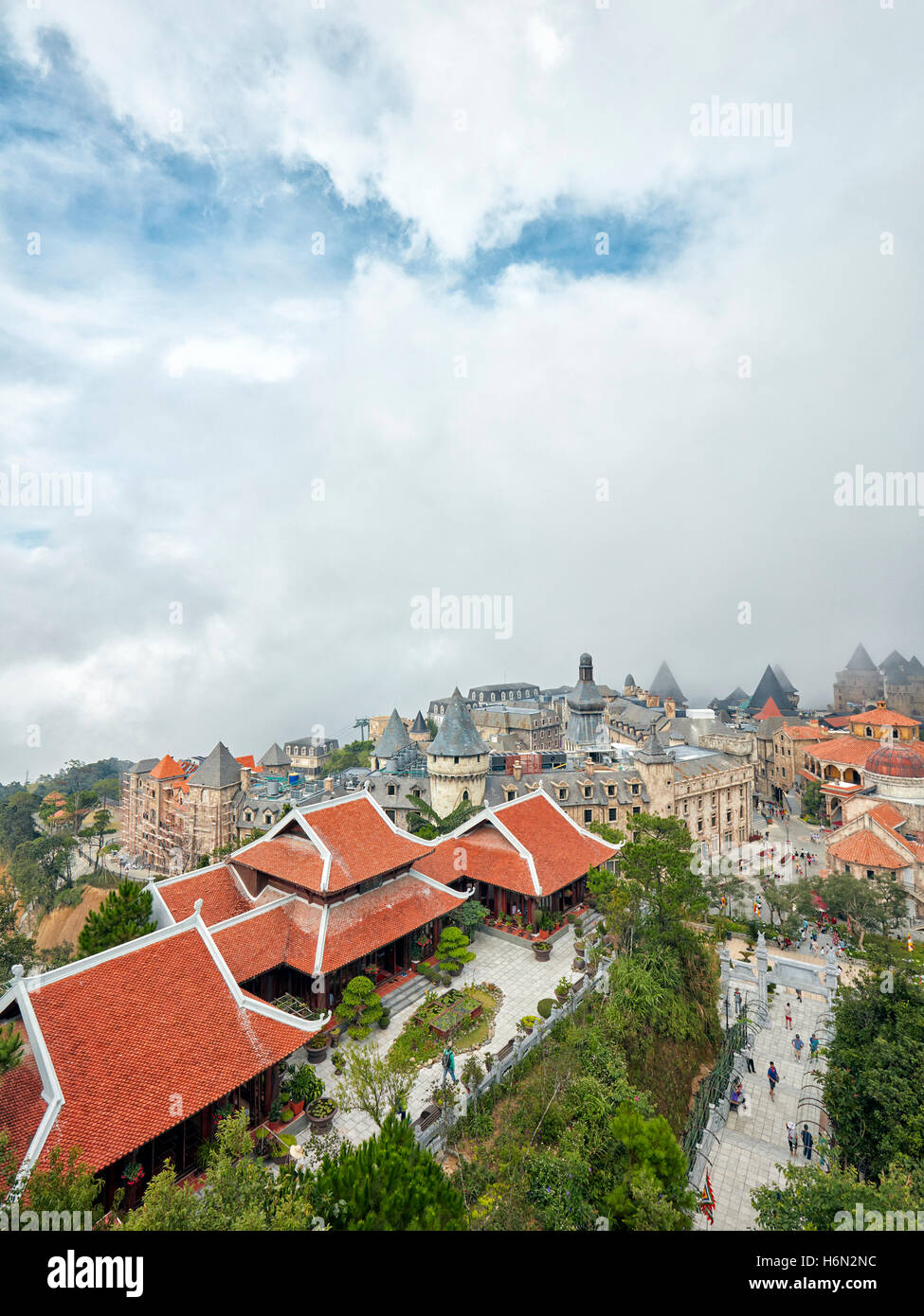 Aerial view of the French Village at Ba Na Hills Mountain Resort. Da Nang, Vietnam. Stock Photo