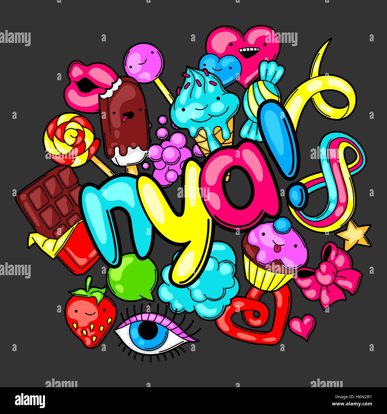 Kawaii print with sweets and candies. Crazy sweet-stuff in cartoon style  Stock Vector Image & Art - Alamy