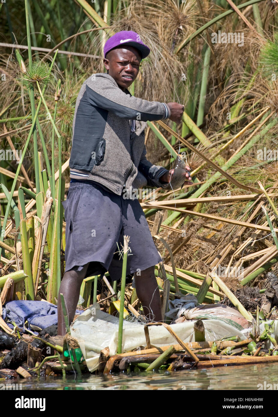 African fisherman catches fish using handline from papyrus at edge of Lake Naivasha Kenya Stock Photo