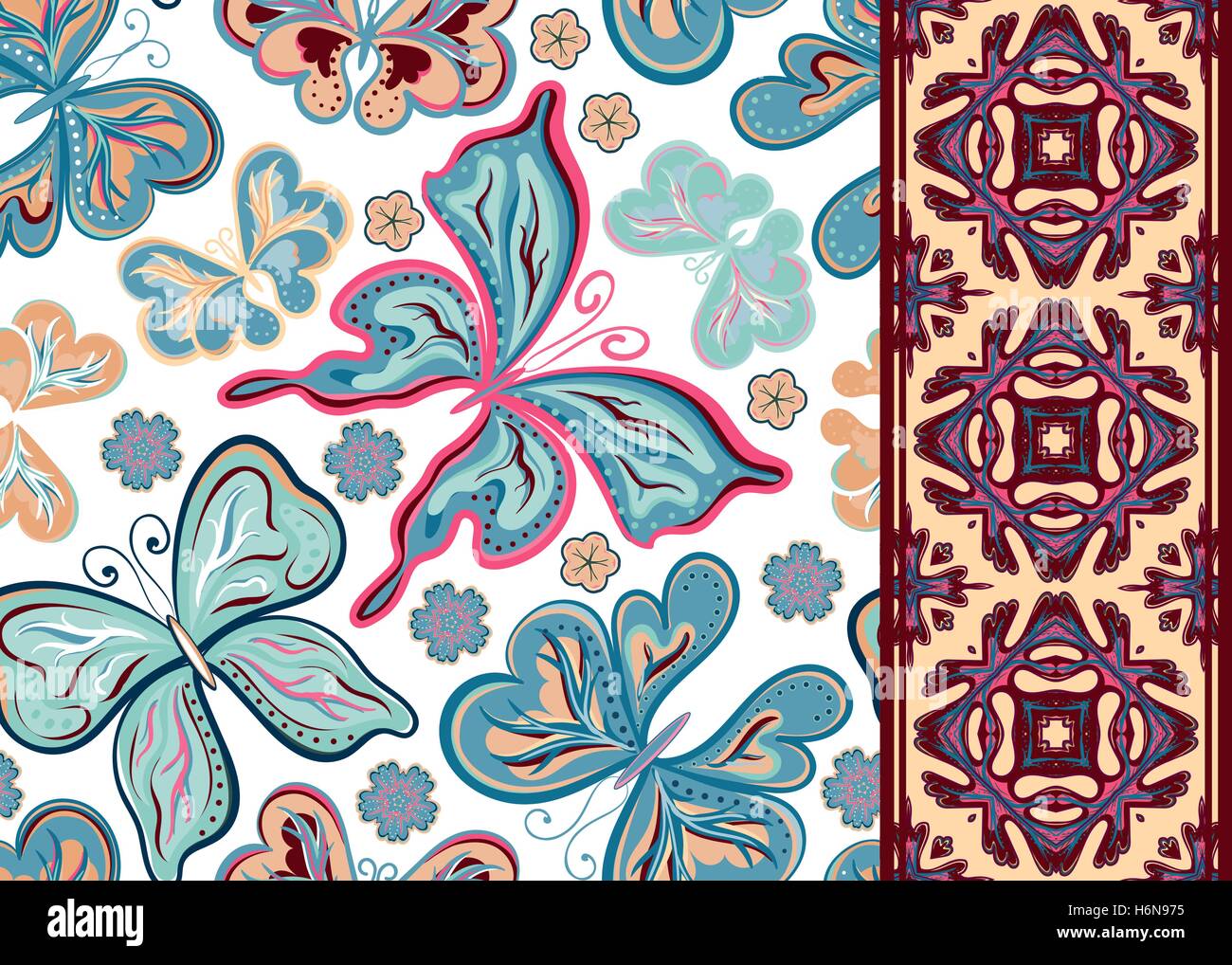 Seamless pattern with colorful vintage butterflies and flowers. Hand ...