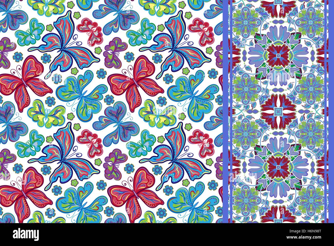 Seamless pattern with colorful vintage butterflies and flowers. Hand ...
